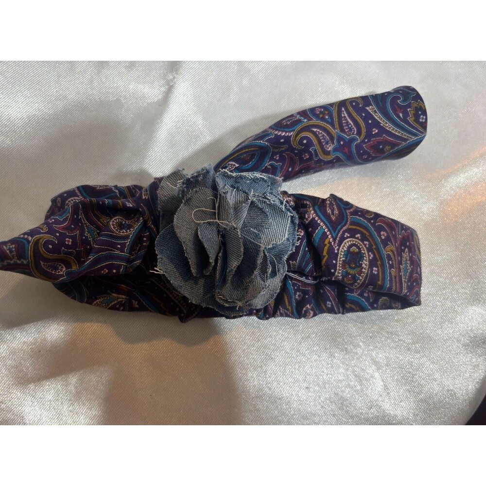 Silk upcycled tie Paisley Print Headband Set with Denim Flower Detail